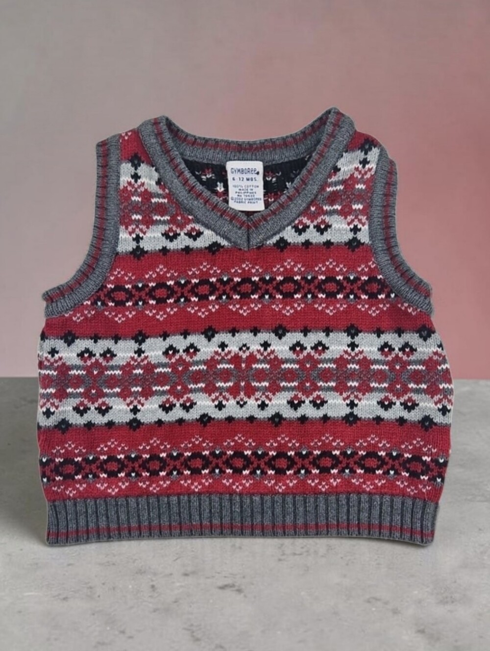 Gymboree Baby Boys 6-12 Mos Red & Gray Fair Isle Knit Vest 100% Cotton Vintage
